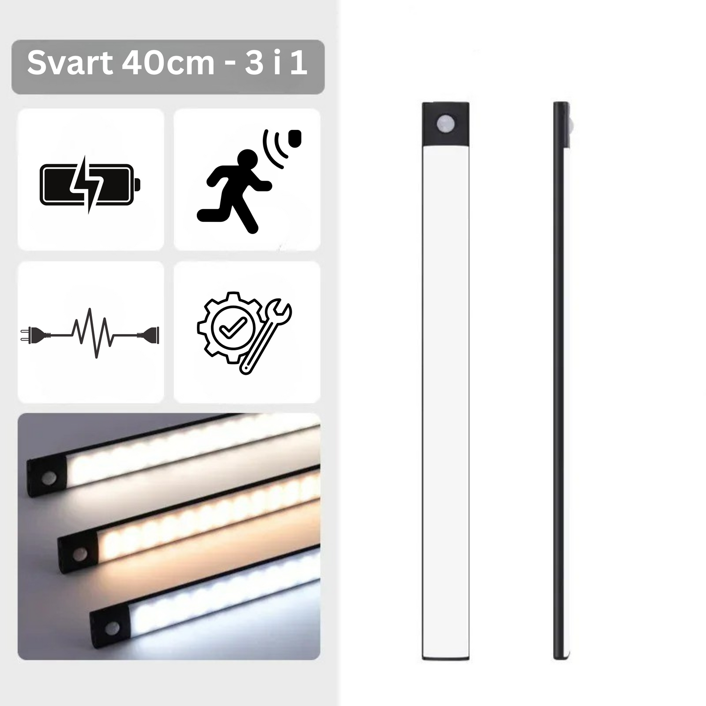 LedLight 3 i 1 - Sensorlampa - Svart, 40cm