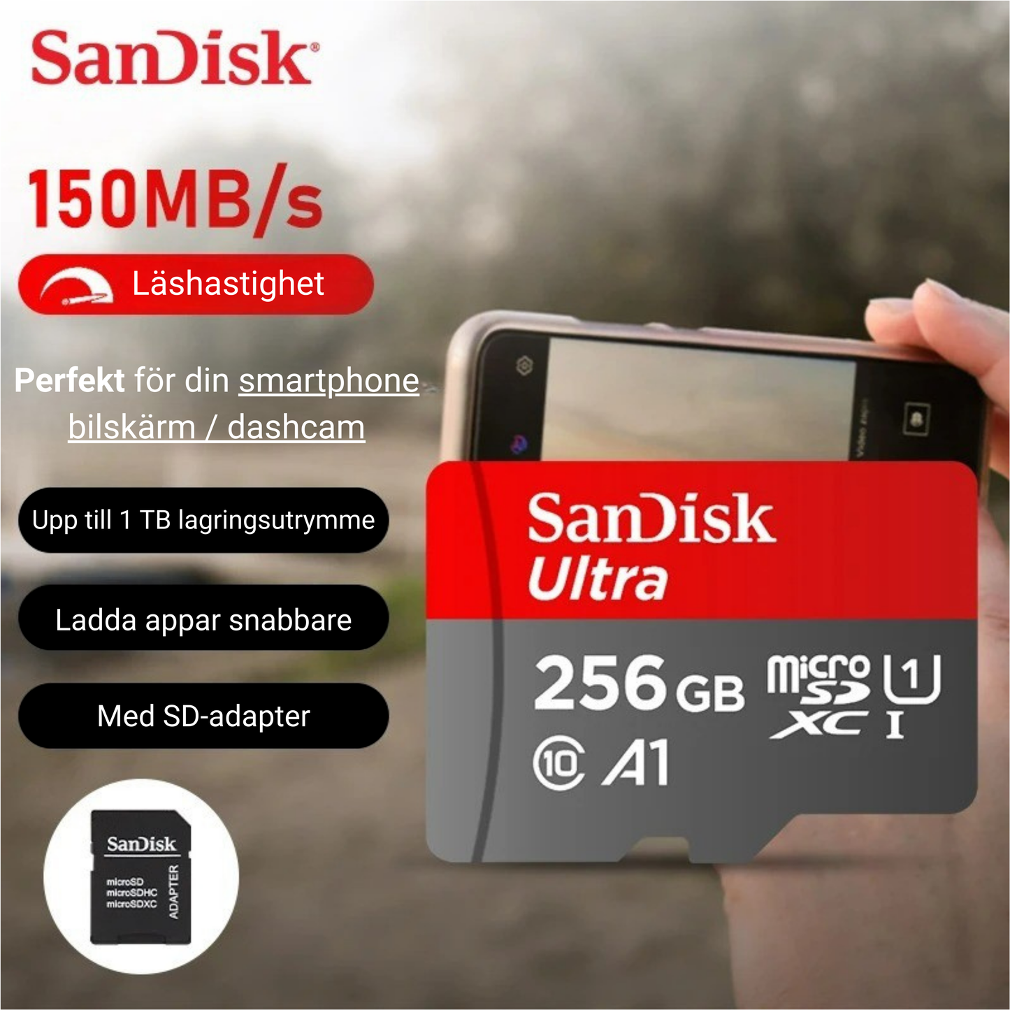 SanDisk Micro SD-minneskort - 64GB A1 Flash TF-kort